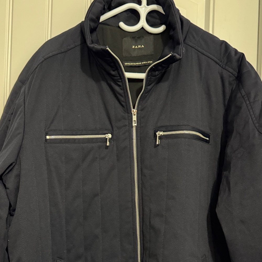 Zara Men's Dark Navy Jacket with Zipper Details